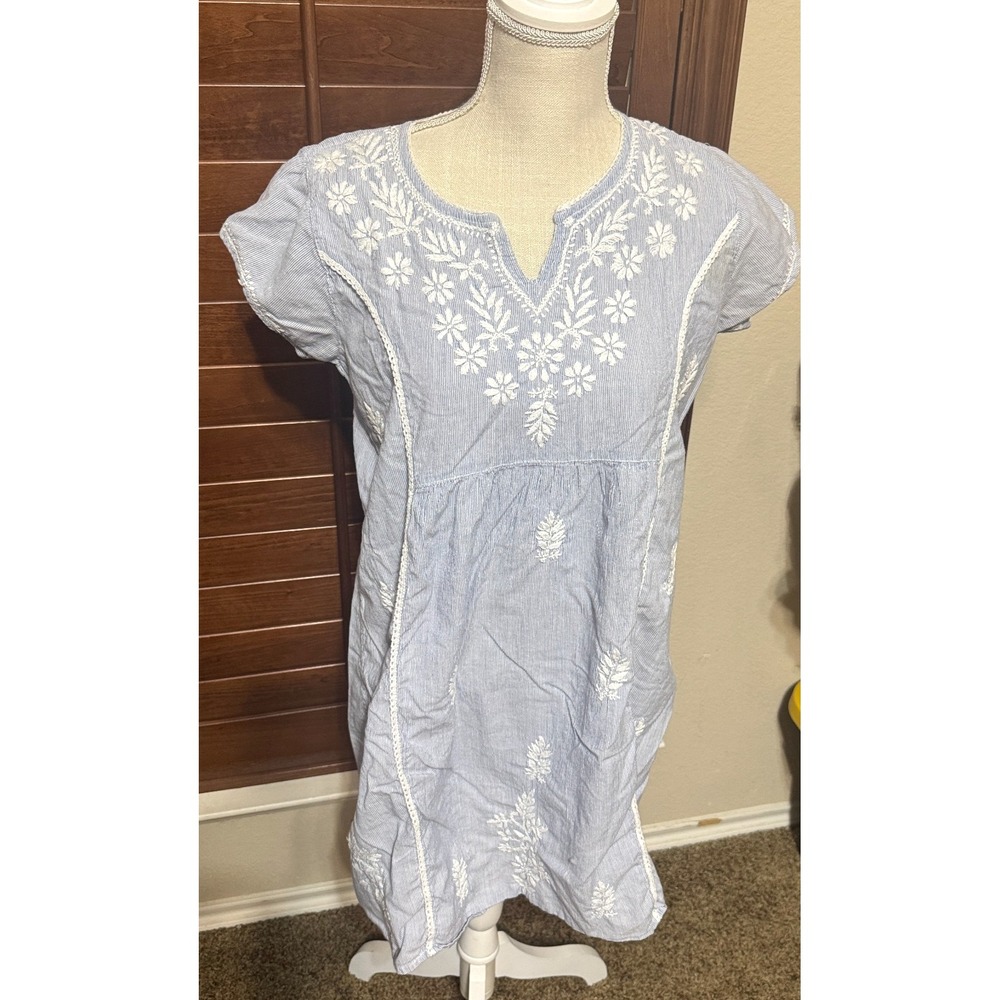Jayshree Dalal Blue White Seersucker Floral Embroidered Tunic Dress Medium